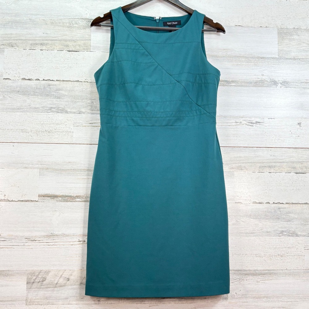 White House Black Market Teal Asymmetric Stitched Sheath Dress 4 Office Chic